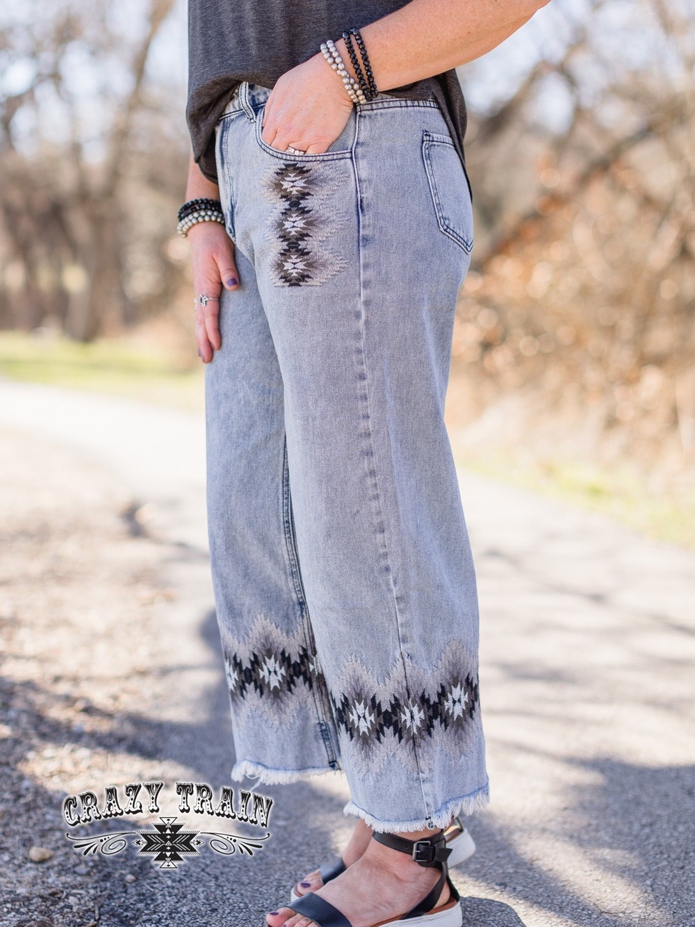 Crazy Train Light Blue Washed Embroidered Cropped Wide Leg Jeans
